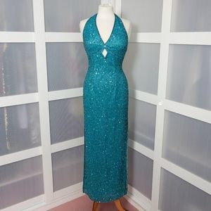 WOW Scala Teal Blue Beads Sequins Evening Dress